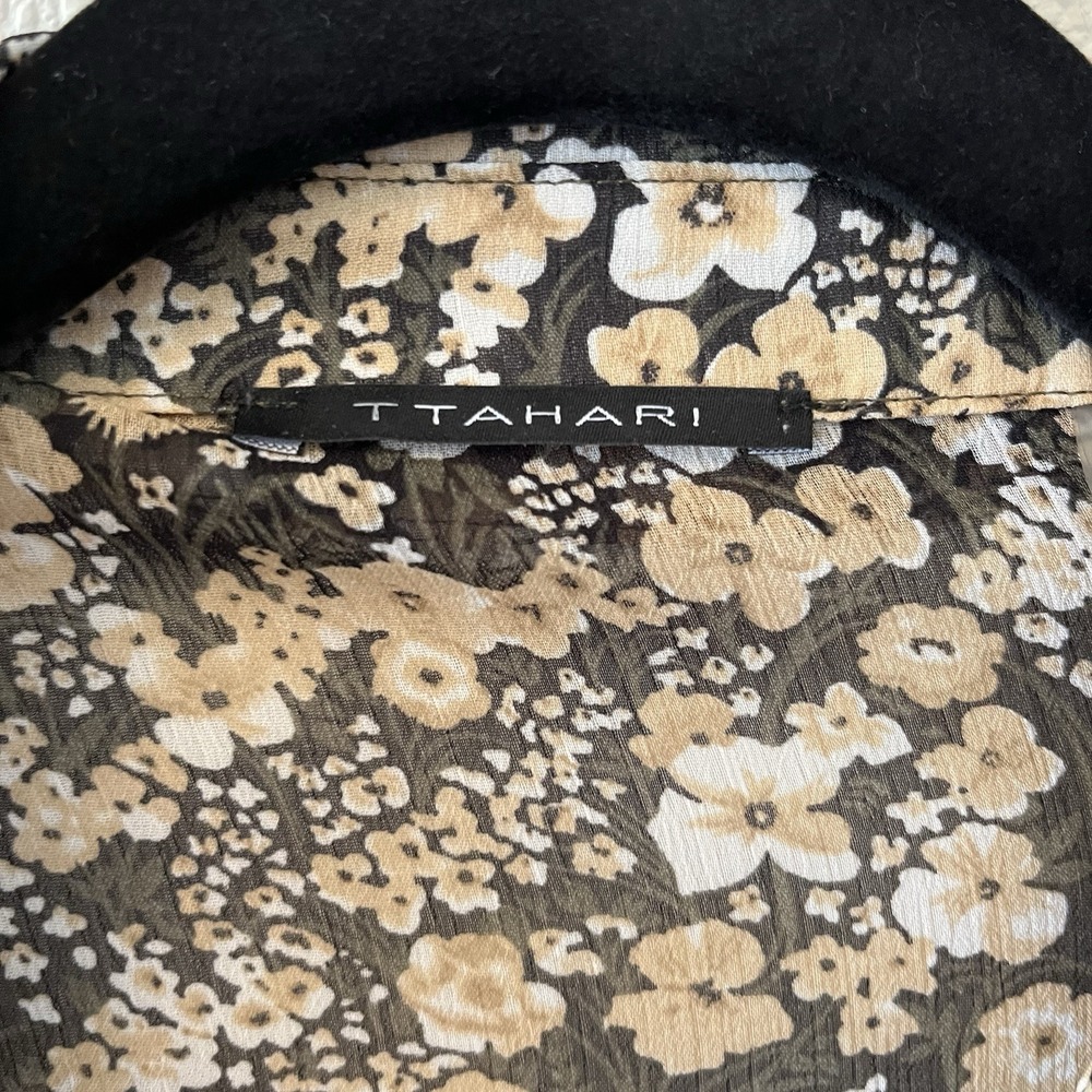 Tahari Women's Blouse Size S Black Floral Chiffon Ruffles Romantic Cottage Fairy - Picture 2 of 15